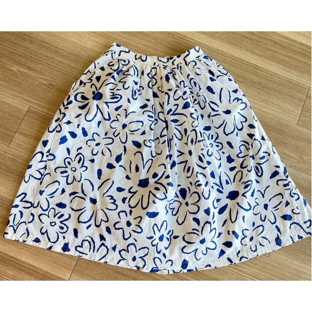 Schroder Separates Vintage Blue Floral Print Cotton Skirt Size 8 Pockets